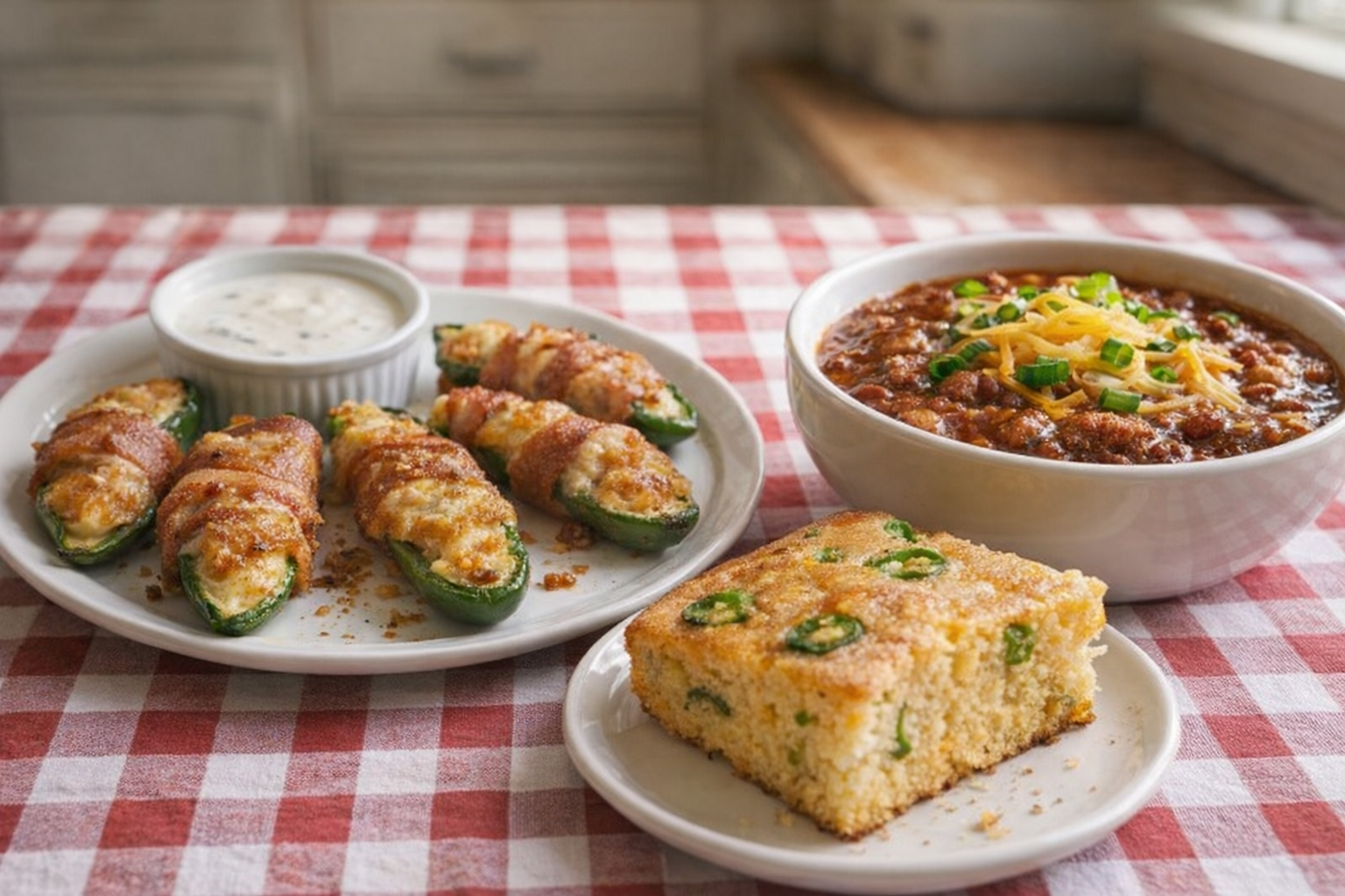 A plate of jalapeno poppers with a side of ranch dressing, and a slice of jalapeno cornbread with a bowl of chili, on a checkered tablecloth